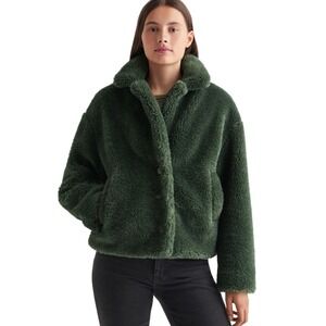 MNG Casual Faux Fur Coat Teal Green Oversized Collarless Jacket XS